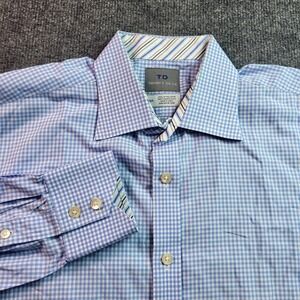 Thomas Dean Mens 16R Blue Gingham Checkered Dress Shirt Long Sleeve